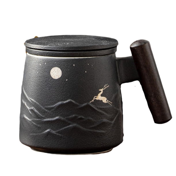 Taza de cerámica con forma de ciervo a la luz de la luna, arte hecho a mano y tapa con mango de madera, taza de café, taza divertida, taza de té con F Soledad taza de café