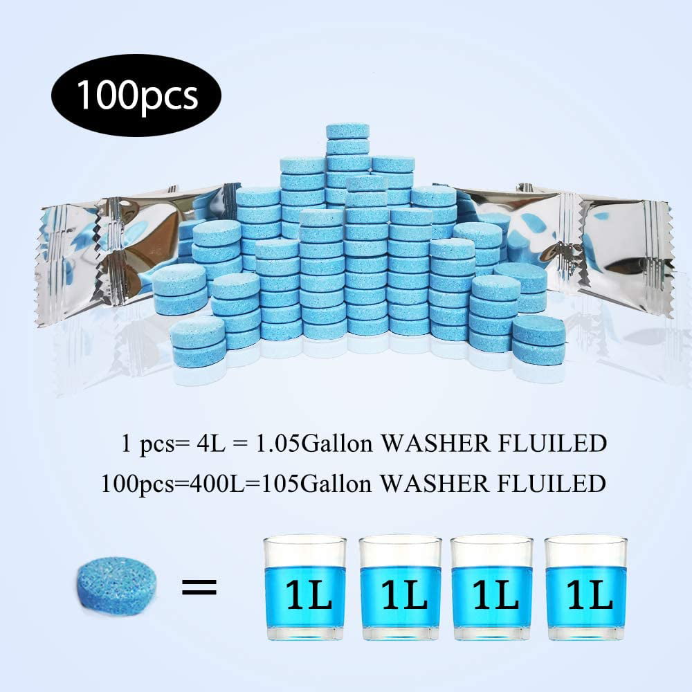 OBOSOE 100Pcs Windshield Washer Fluid Tablets,Wiper Fluid  Concentrate,Washer Cleaning Tool for Car Kitchen Window, 1 Piece Makes 1.05  Gallons,100 Pcs Makes 105 Gallons(Winter: Use With Antifreeze) 