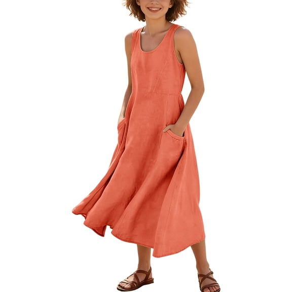 Ruyang Summer Dresses for Teen Girls Cotton Linen Crewneck Sleeveless Tank Dresses Beach Vacation A-line Swing Dresses