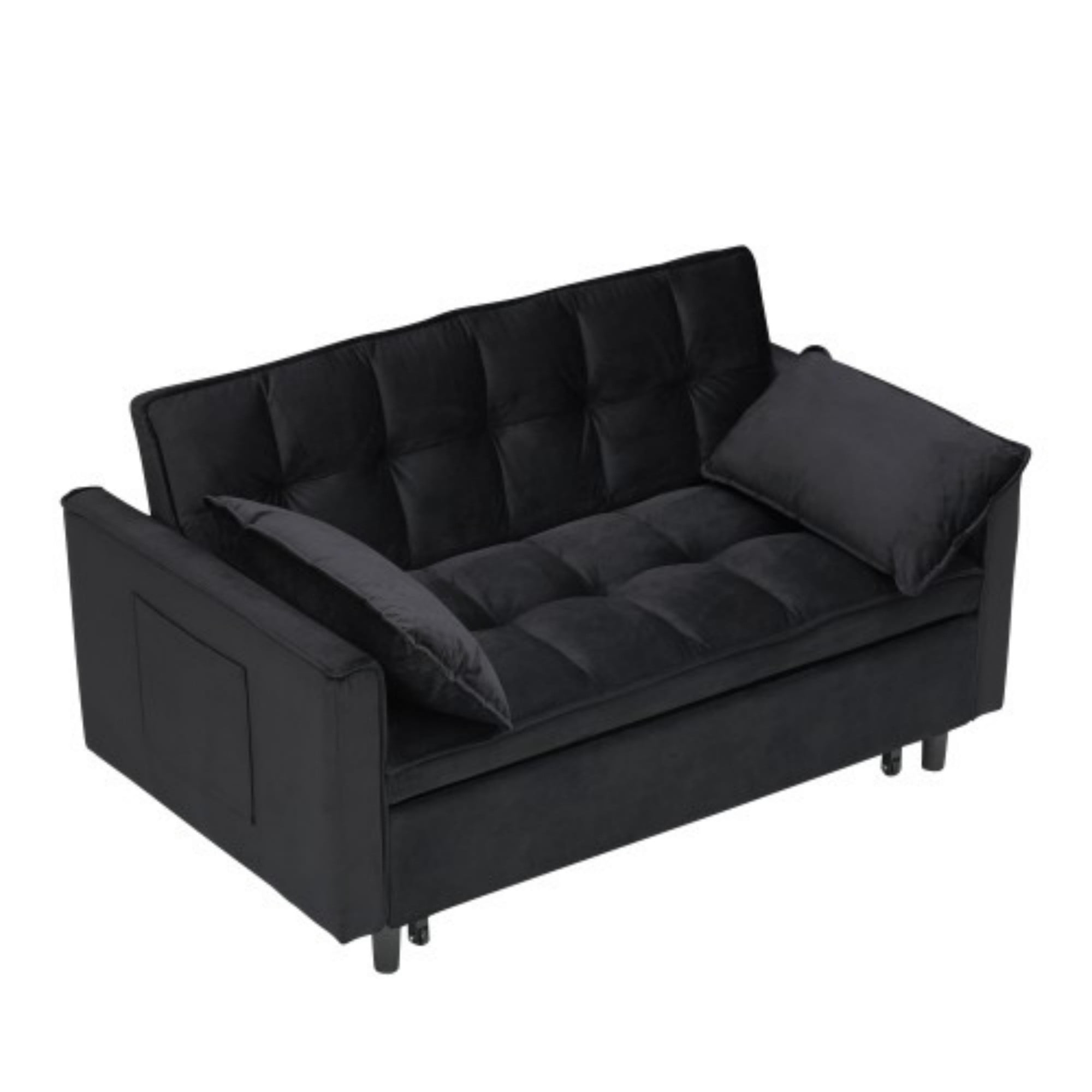 Velvet Loveseat Sofa Bed, 3-in-1 Convertible Sleeper Couch with Pullout Bed & Reclining Backrest, Black