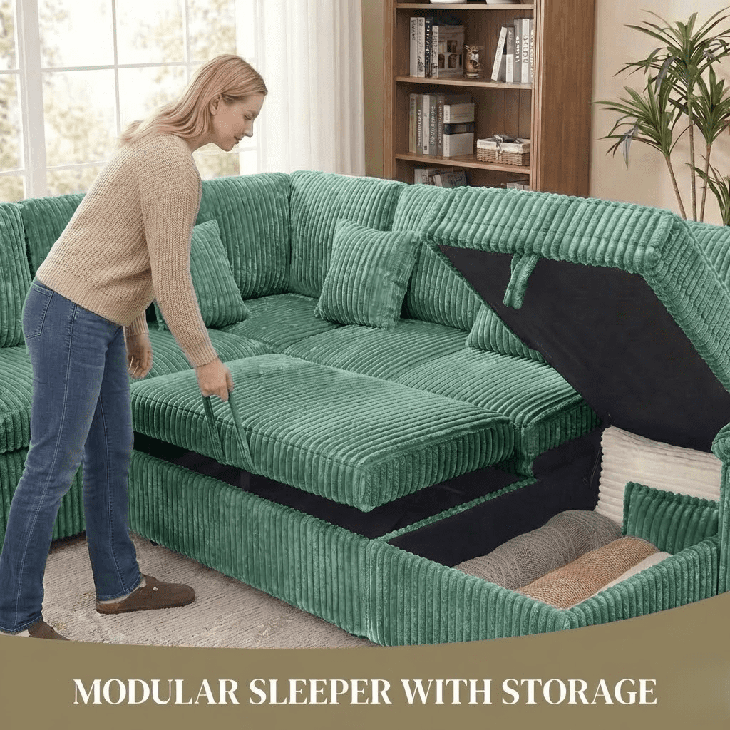 Howcool U-Shaped Sectional Sleeper Sofa with Pull-Out Bed, 7-Seat Convertible Couch, Modular Sofa with Storage Chaise and USB Ports, Plush Corduroy Living Room Furniture,Green(Thick Sponge)