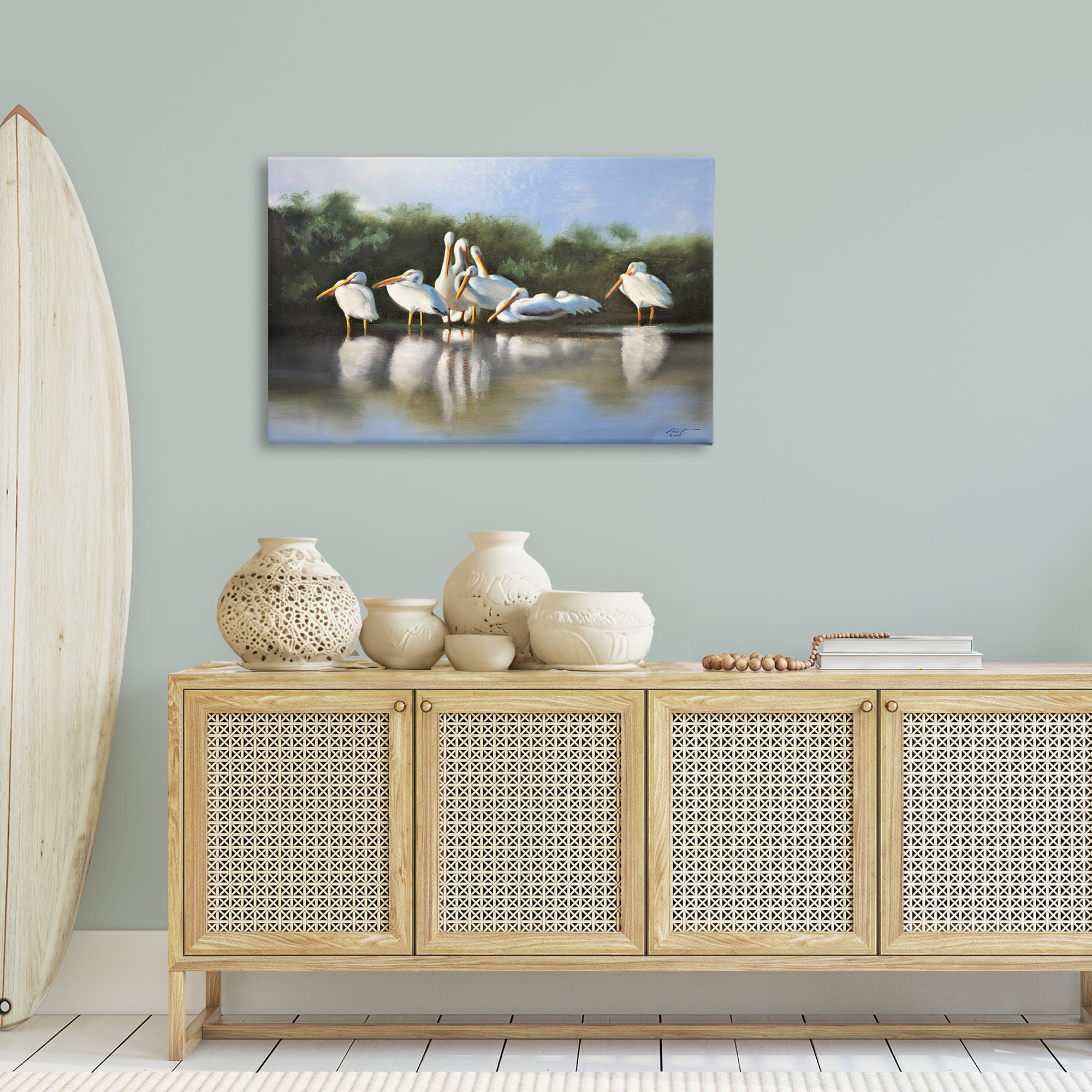 Stupell Industries White Pelicans Flock Animals & Insects Painting Gallery Wrapped Canvas Art Print Wall Art, 36 x 24