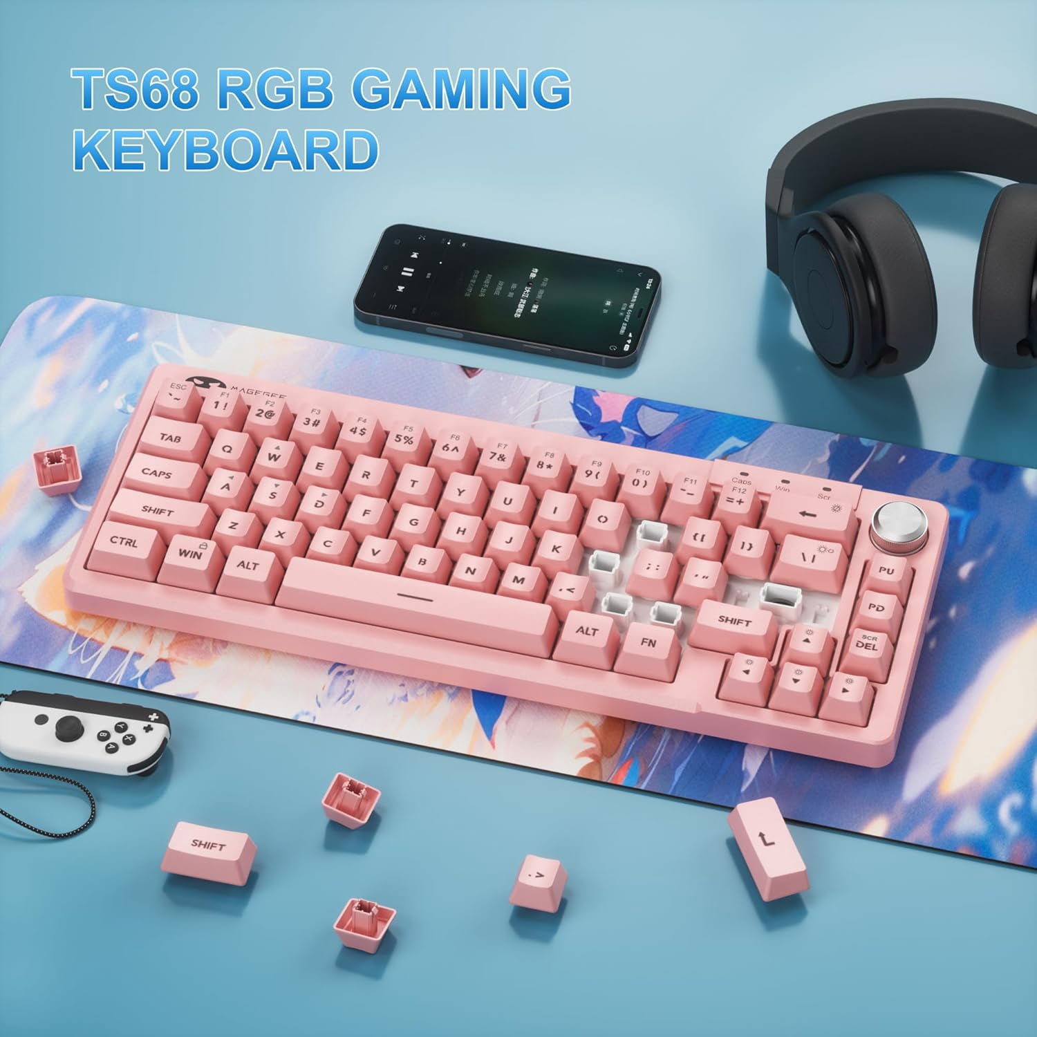 MageGee 60% Gaming Keyboard - TS68 Compact Mechanical-Style Tactile Feel, RGB Backlit with Smart Knob, 68 Keys Ergonomic Design, 18-Key Anti-Ghosting