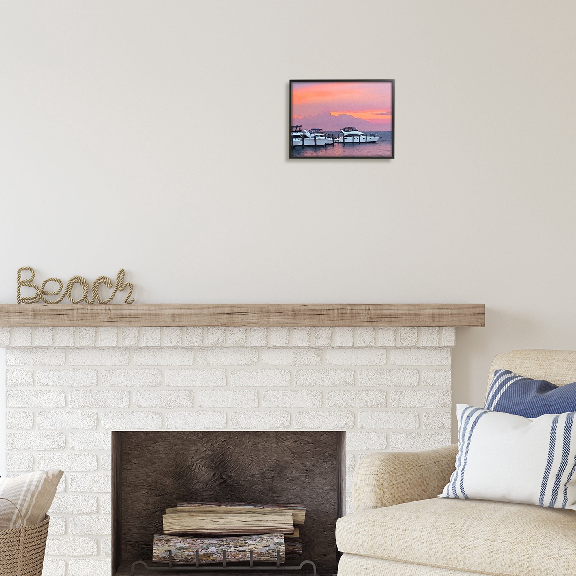 Stupell Industries Boat Harbor Pink Sunset Landscape Coastal Photography Black Framed Art Print Wall Art