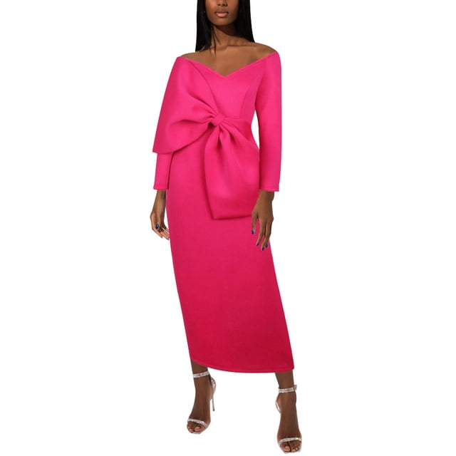 Birdeem Robe Longue à Manches Longues pour Femmes Mode Unie avec Nœud en V Taille Haute pour Fête