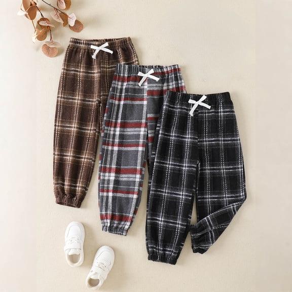 Toddler Boy Girl Plaid Flannel Pants 3 Pack Fleece Lined Thickened Leggings Fall Winter Elastic Waist Long Trousers Black 2 Years