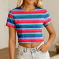 thumbnail image 2 of Yuanlong Womens T-Shirts Ladies Short Sleeve Colorful Striped Crew Neck Cropped Tee Shirts Summer Daily Clothes Fashion Pullover Tops, 2 of 4