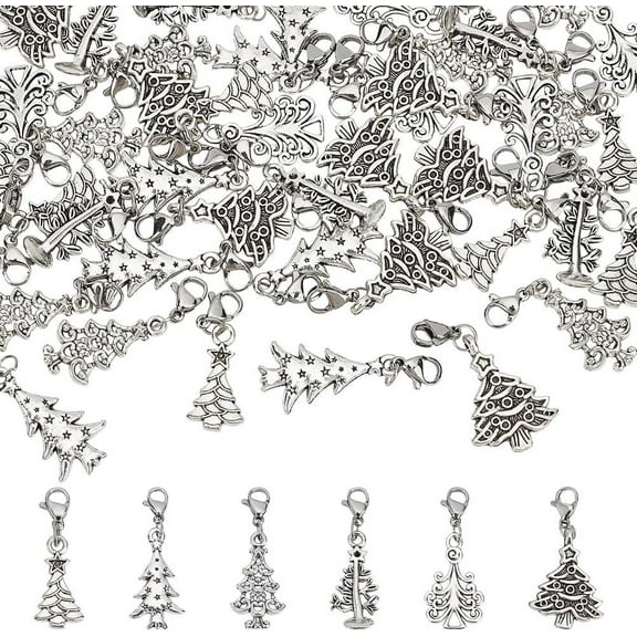 1Sets 48 Pcs Alloy Christmas Tree Charm with Lobster Claw Clasps 6 Styles Silver Christmas Trees Pendants 304 Stainless Steel Christmas Pendant Decorations for Jewelry Keychain DIY