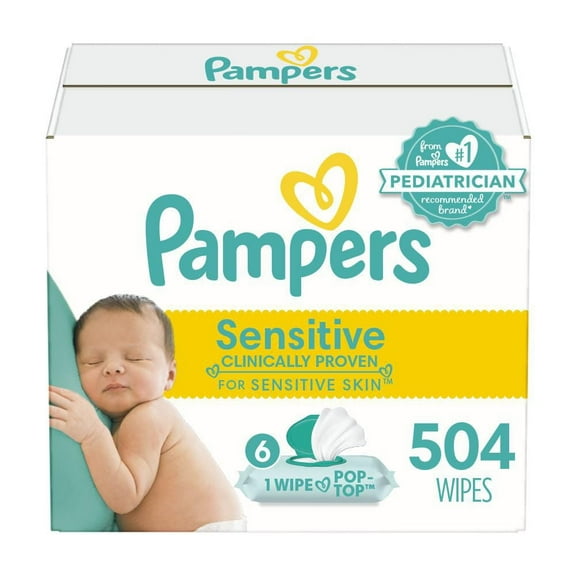 Baby Wipes Pampers Sensitive, Clinically Proven, Fragrance Free, Water Based, Hypoallergenic Baby Wipes, Baby Wipes Total (6X Flip-Top Packs), 504 Count