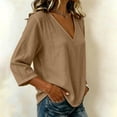 thumbnail image 5 of yoeyez Womens 3/4 Sleeve Length Tops Cotton Gauze V Neck Tshirts Casual Loose Fit Classic Tunic Tee Fall Fashion 2026 Going Out Top Coffee,XL, 5 of 6