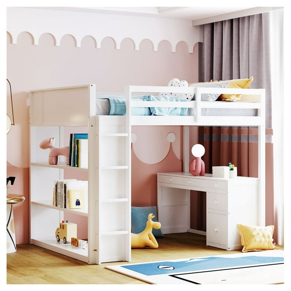 Full Murphy Bed, 61.5-inch Cabinet Bed with Desk Combo, White