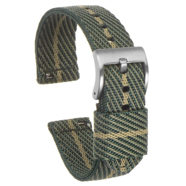 Verde Caqui Nylon Rayada Correa 18mm Ancho Suave Cómodo Premium Nylon Correa con Plateada Hebilla, Universal Reemplazo Lienzo Reloj Correa