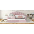 thumbnail image 3 of Newest Full Size Upholstered Daybed with Shell Shaped Backrest & Trundle, Pink Velvet Sofa Bed with Curved Arms, Convertible Sleeper for Living Room or Guest Room, 3 of 18