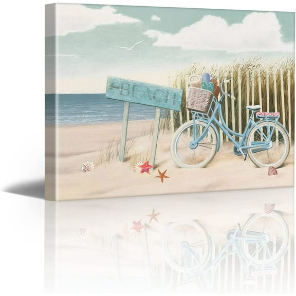 Beach Canvas Wall Art for Bathroom Wall Decor Seaside Bicycle Ocean Canvas Print Framed Blue Teal Calming Shoreside Artwork for Modern Coastal Themed 16x12inch
