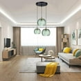 thumbnail image 2 of 3-Light Modern Green Ribbed Glass Pendant Lights Island Hanging Chandelier Globe Shade Flush Mount with Adjustable Cord Ceiling Pendant Light Fixture for Bedroom Living Room Kitchen Farmhouse, 2 of 6