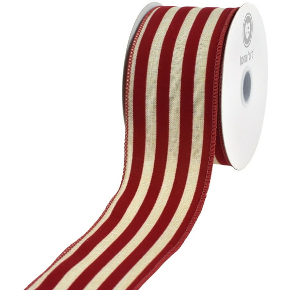 HOMEFORD Flocked Velvet Stripes Wired Ribbon, 2-1/2-inch, 10-yard (Natural/Red)