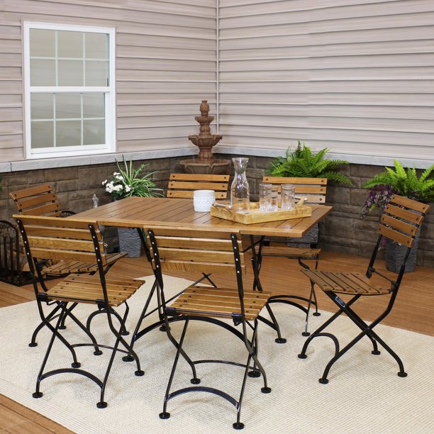 Sunnydaze Essential European Chestnut Wood 7 Piece Folding Table And Chairs Set Modern Indoor Outdoor Dining Table Set Ideal For The Patio Front Porch And Backyard Walmart Com Walmart Com