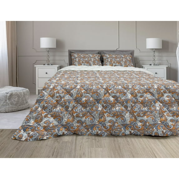 Vintage Comforter & Sham Bedding Set, Paisley Inspired Swirls Curls Floral Abstract Botanical Oriental, 3 pcs Duvet Set Microfiber Filling Quilt, 5 Sizes, Orange Pale Blue Cream, by Ambesonne