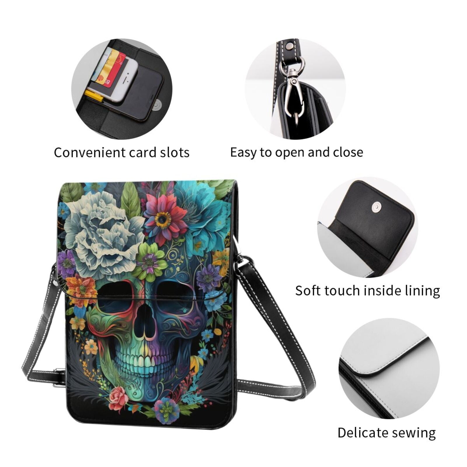 Floral Sugar Skull Flowers Cell Phone Purse Small Crossbody Bag with Strap Credit Card Slots Leather Shoulder Wallet for Women