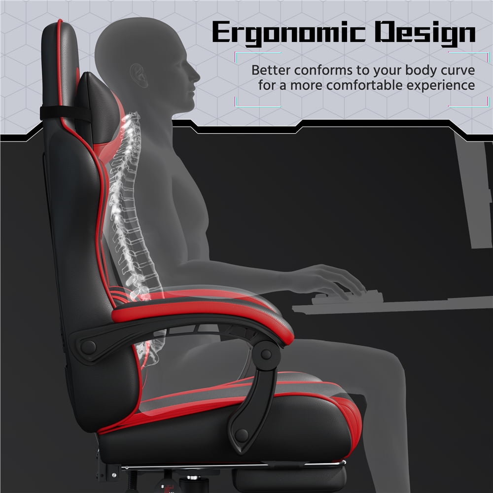 Fullfurnique Ergonomic High Back Gaming Chair with Slide Out Footrest, Black/Red