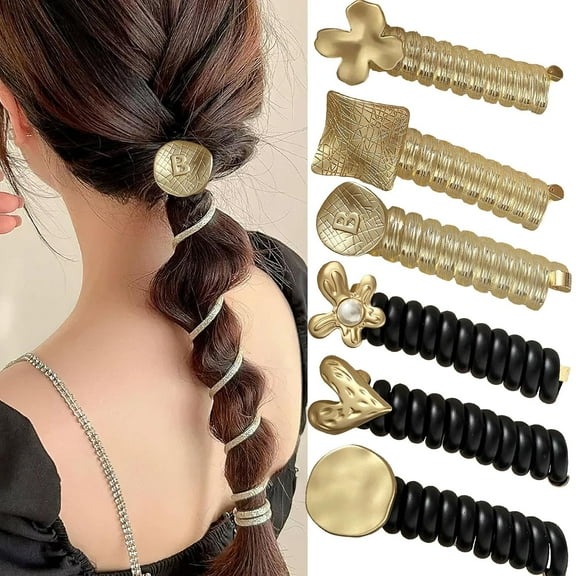 Yoqb 6pcs Spiral Rip Telephone Cord Hair Ties No Damage Coil Telephone Wire Hair Bands Elastic Ponytail Holders Accessories for Women (Gold &Black) A1015