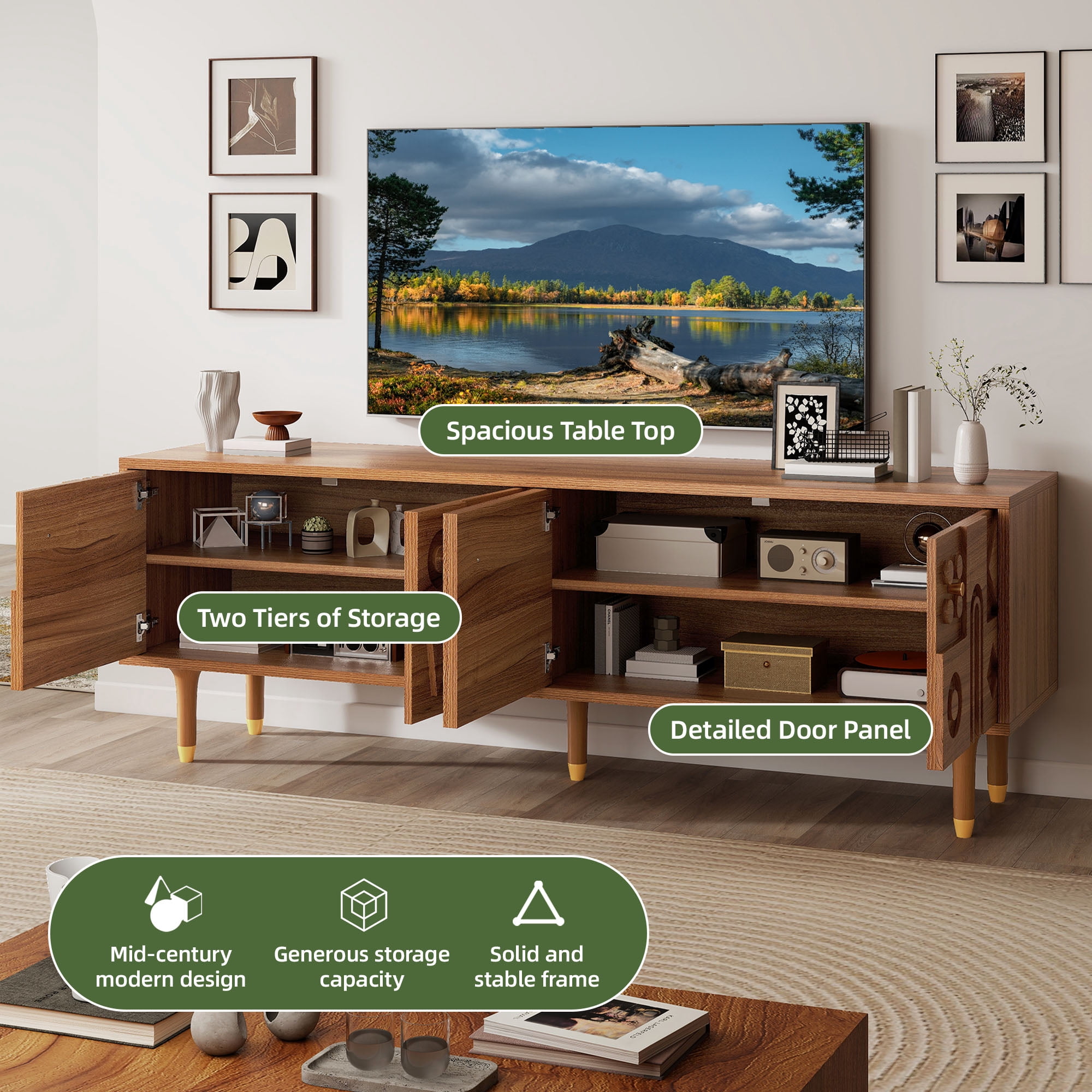 Uforic TV Stand with Storage for Living Room, Mid-Century Entertainment Center, Media Console for up to 80 Inch TVs, Walnut