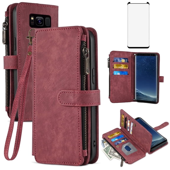 Asuwish Kickstand Hard Shell Wallet Cell Phone Case with Tempered Glass Screen Protector for Samsung Galaxy S8 Plus, Red