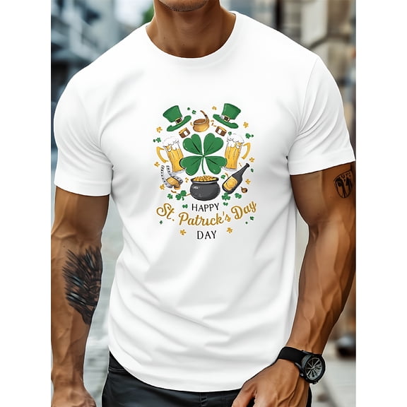 Men'S Plus Size St. Patrick'S Day T-Shirt | Pure Crew Neck Short Sleeve Tee with Geometric Clover Print, Slight Stretch Knit, Regular Fit for Daily Wear