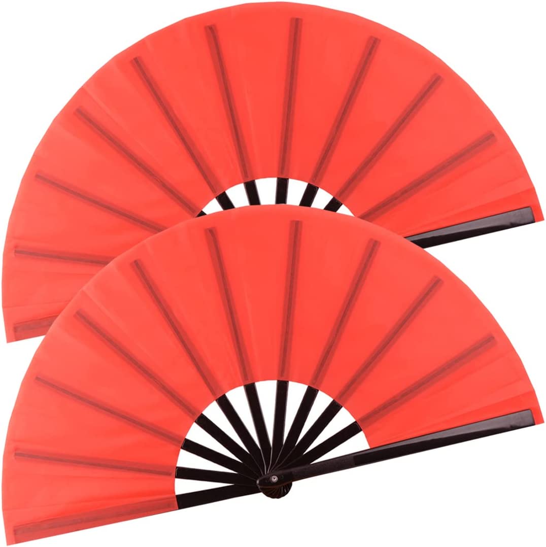 SHIHUALQ 2 Pack Large Folding Hand Fan, Black Chinese Kung Fu Tai Chi Fan NylonCloth Fan For