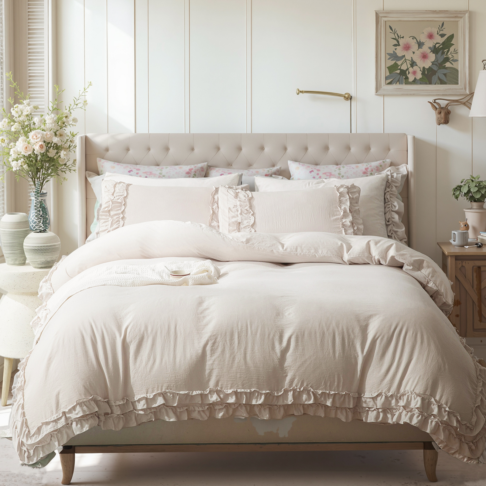 White Ruffle Duvet Cover Set Queen Size Shabby Chic Bedding Set Ruffled Farmhouse Pure White Comforter Cover Boho Duvet Cover Set