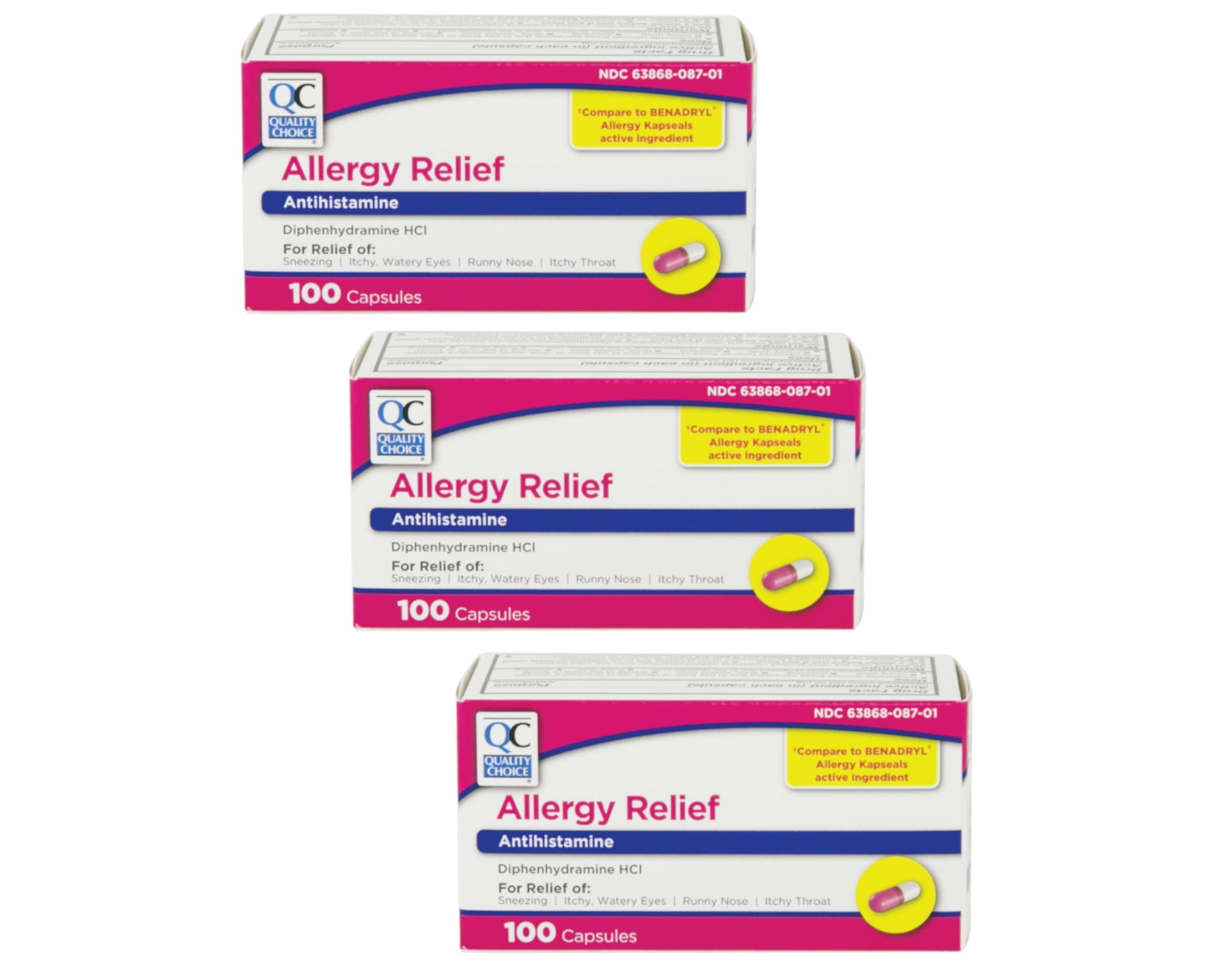 3 Pack Quality Choice Allergy Relief Antihistamine Medicine 100 Capsules Each