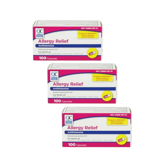 3 Pack Quality Choice Allergy Relief Antihistamine Medicine 100 Capsules Each