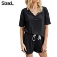 thumbnail image 2 of Pijama negro Ropa de abrigo para mujer Ropa de casa Pantalones cortos de manga corta de color liso Traje casual de dos piezas, 2 of 5