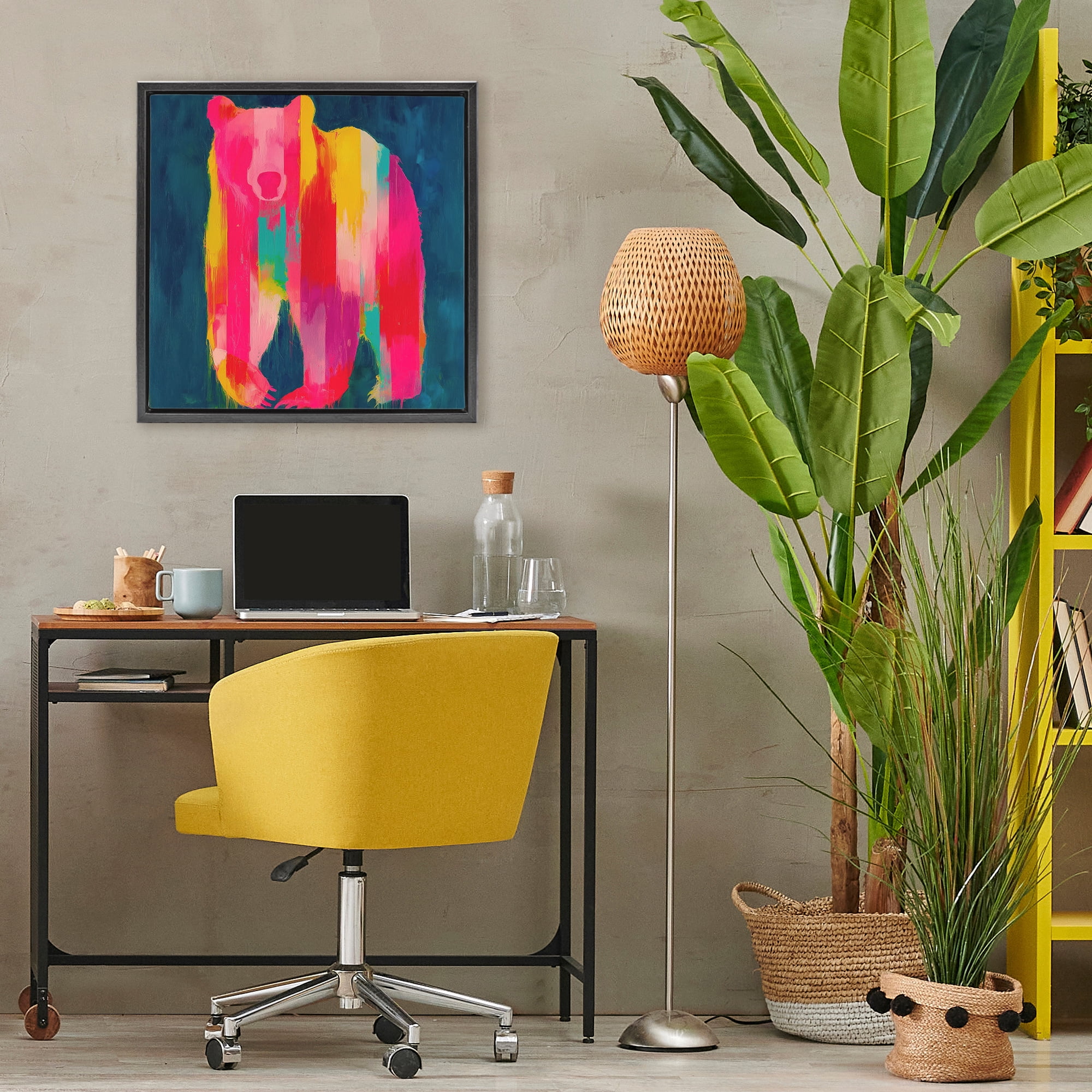 Stupell Industries Pink & Yellow Bear Standing Tall Black Framed Floater Canvas Wall Art, design by Chromatic Storm Studio