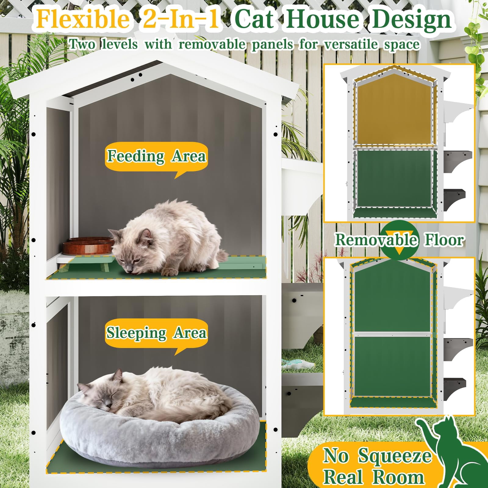 PETSCOSSET Outdoor Cat House, Two-Story Wooden Feral Cat Shelter with Openable Roof, Escape Door