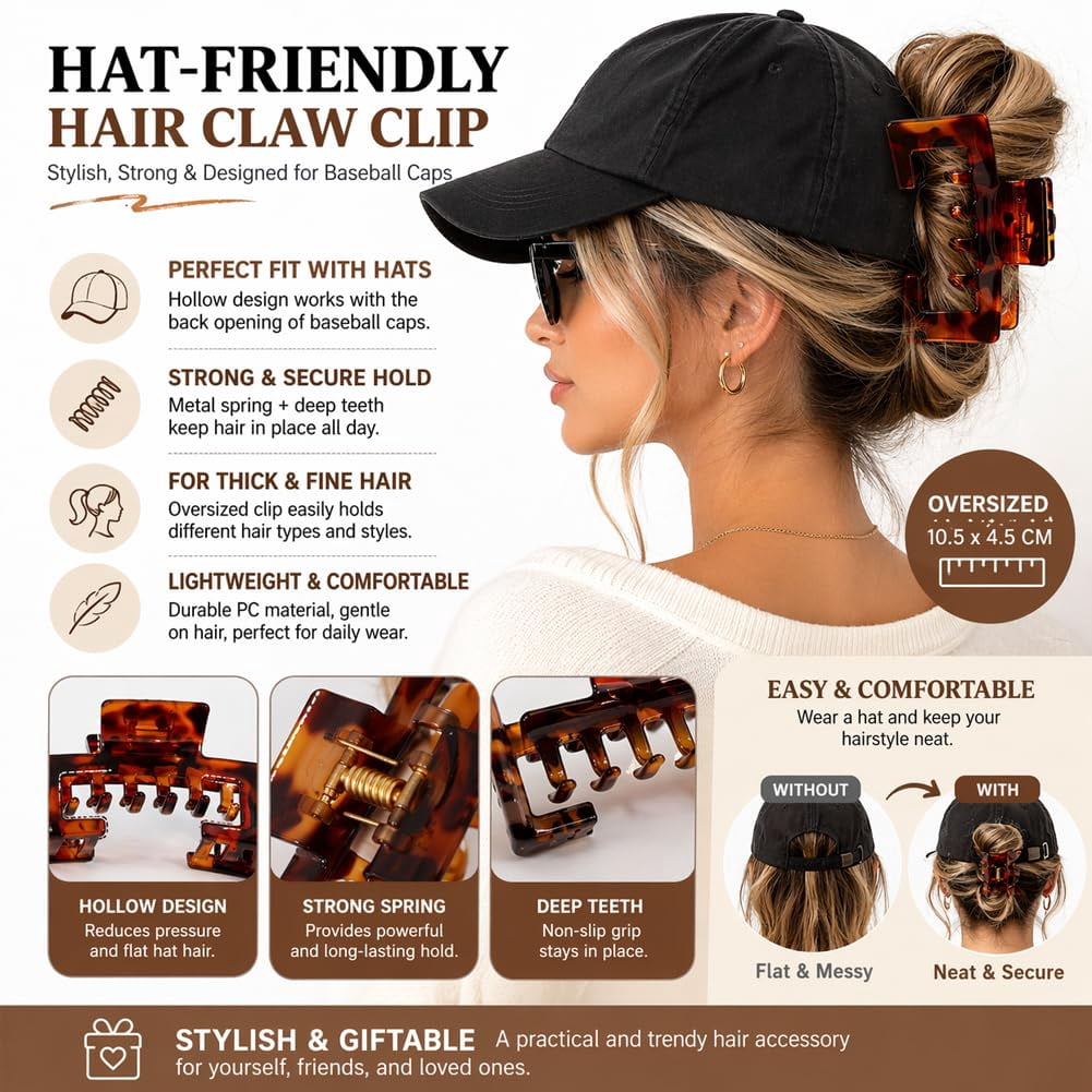Hat Claw Clip,Baseball Hair Clip for Women, Square Hair Claw Clips, Non-Slip Adjustable Design for Thick & Fine Hair, Hat-Friendly for Baseball Caps
