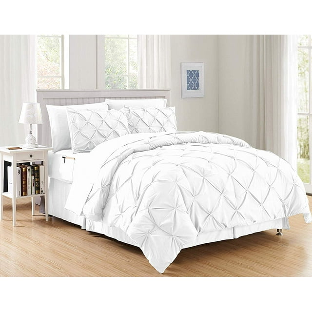 8-Piece Bed-In-A-Bag Comforter - Silky Soft Pintuck Design Comforter ,Bed Sheet Set ,With Double Sided Storage Pockets, Full/Queen, White