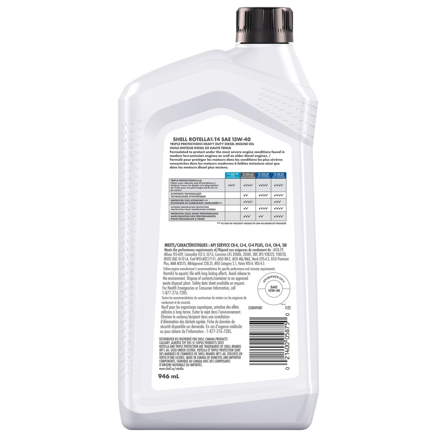 Huile moteur diesel Shell Rotella T4 Triple Protection 15W-40, 0,946 litre