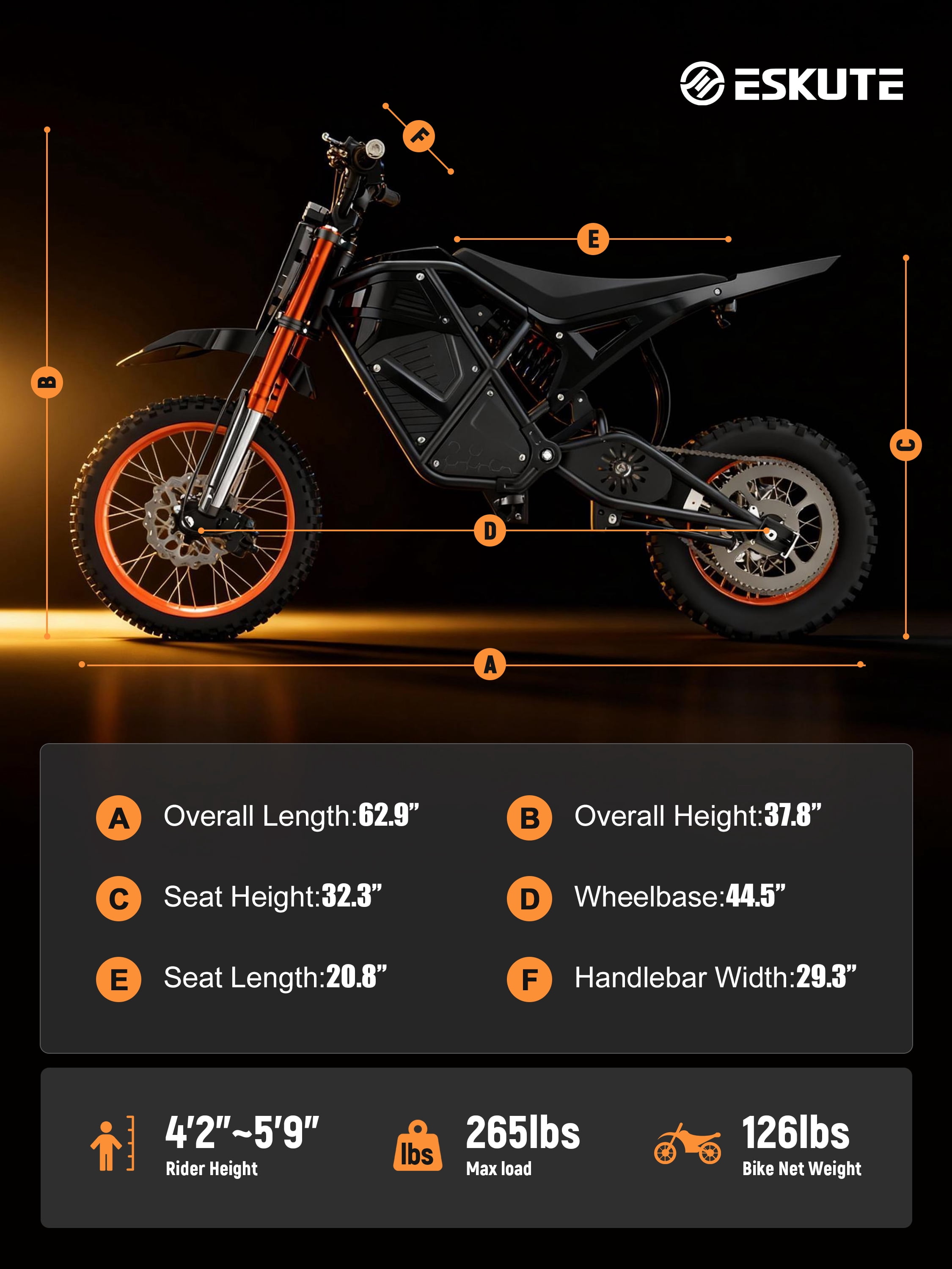 Eskute Electric Dirt Bike for Teens Adults, Electric Motorcycle 48V23Ah, Mid-Drive Motor 3500W Peak 38mph 53-Mile Range, Hydraulic Nitrogen Dual Shock Absorbers Black & Orange with Lock, UL2849