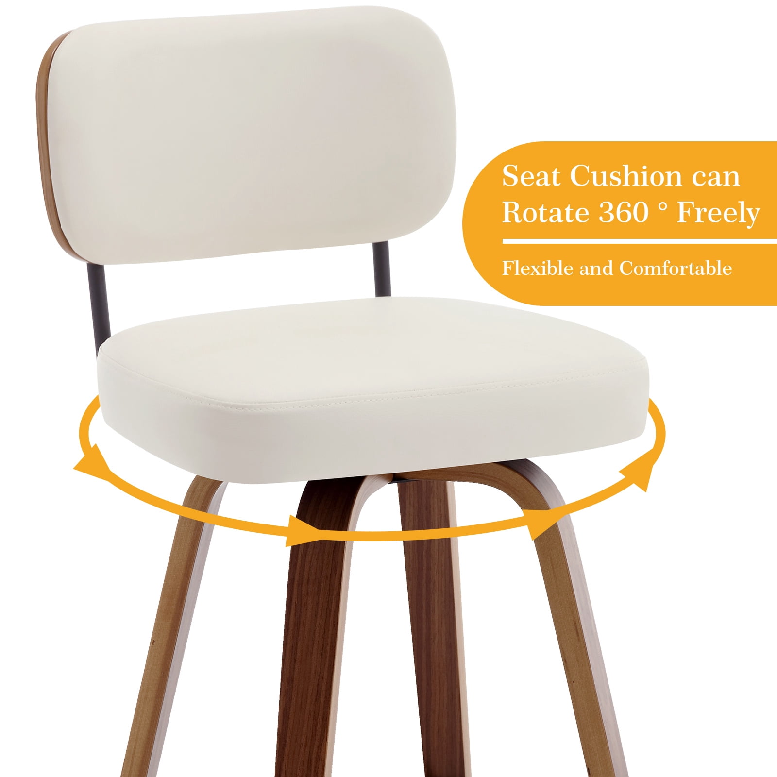 Swivel Counter Height Bar Stools, Set of 2, 29" Upholstered PU Leather Barstools with Back Wood Legs, Mid Century Modern Bar Chair Island Stool for Kitchen Counter, Cream White