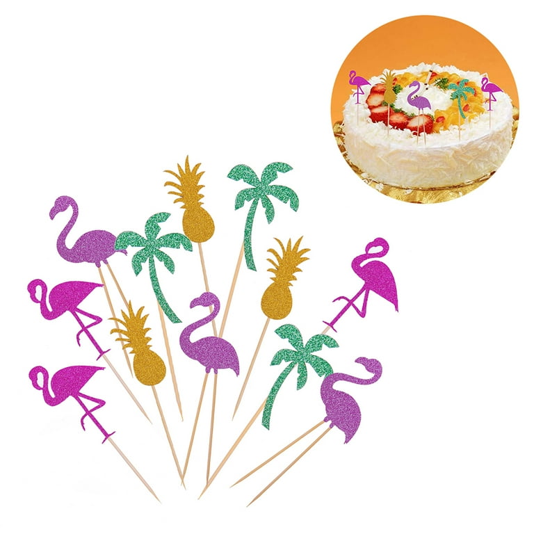 Naicaek Glitter Flamingo Happy Birthday Cake Topper，Palm Tree Flamingo  Pineapple Cupcake Picks Decorations，Tropical Hawaiian Luau Theme Baby  Shower