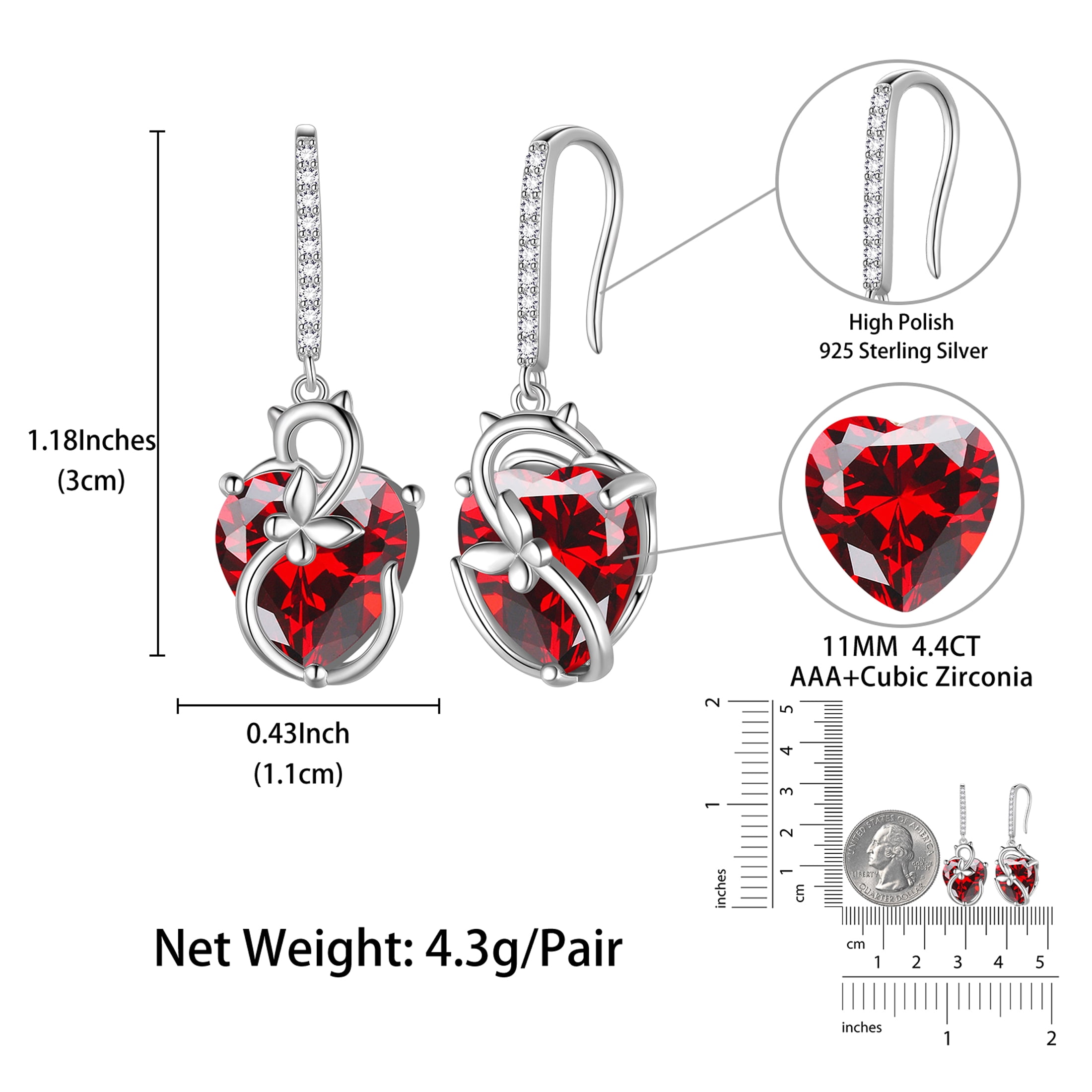 Juwaliy Cat Butterfly Earrings for Women 925 Sterling Silver Earrings Dangle Hook Red Heart Garnet January Birthstone Jewelry Mother Christmas Birthday Valentine's Day Gift for Mom Wife