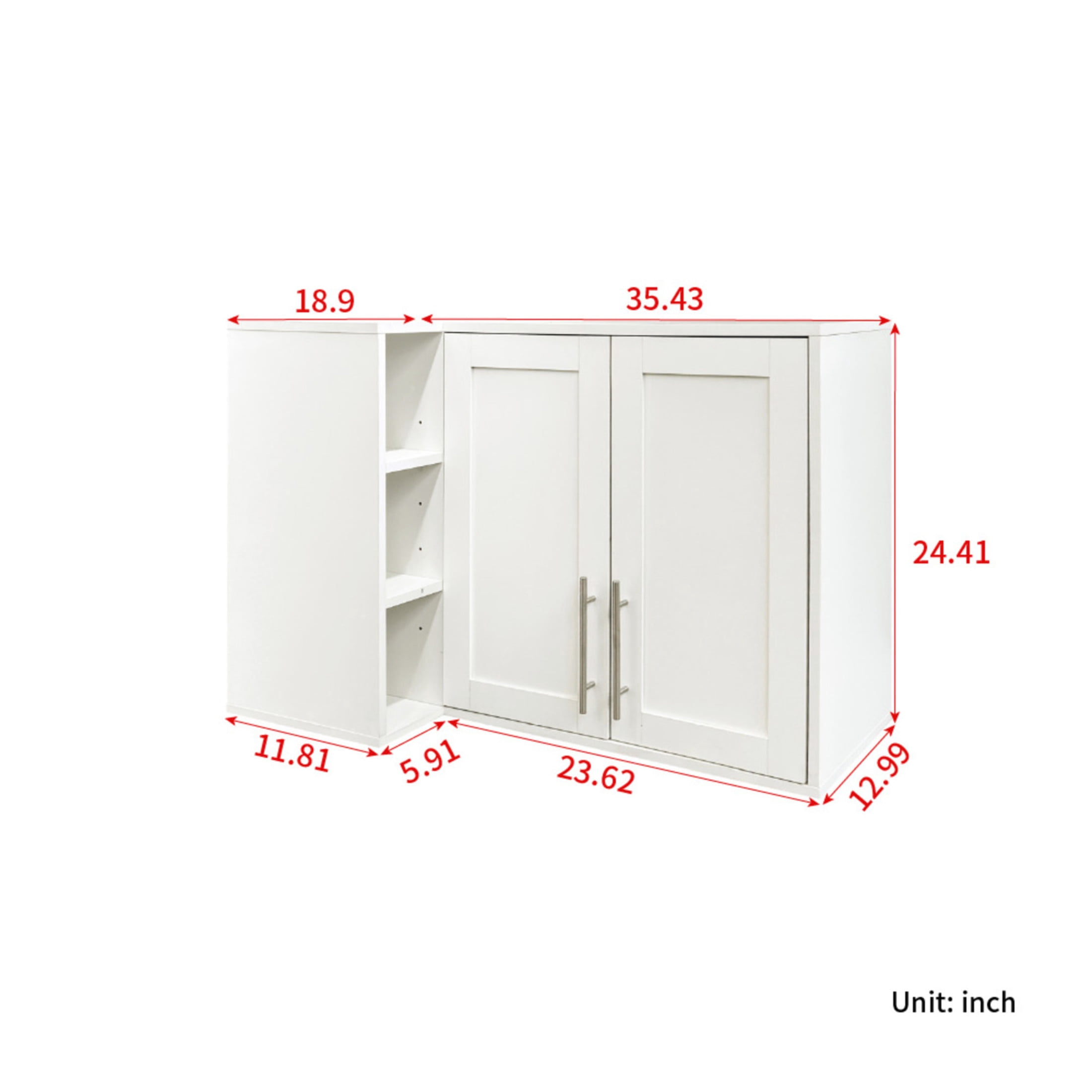 Noble House L-Shape Wall Mounted Kitchen Sideboard Cabinet with 2 Doors & 3 Tier Shelves, Hanging Storage Buffet, White