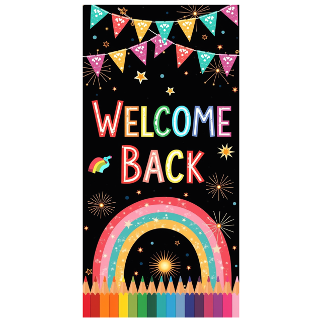 Welcome Back Banner with Rainbow and Pencils Colorful Backdrop for School Party Classroom Decoration Photography Props Festive Background Decor