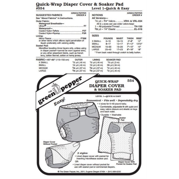 Quick Wrap Diaper Cover & Soaker Pad for Babies Toddlers #554 Sewing Pattern (Pattern Only)