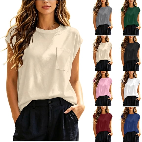 Horkkom Short Sleeve Tops for Women Crew Neck Solid Color Basic Tees Casual Loose T Shirts with Pocket L