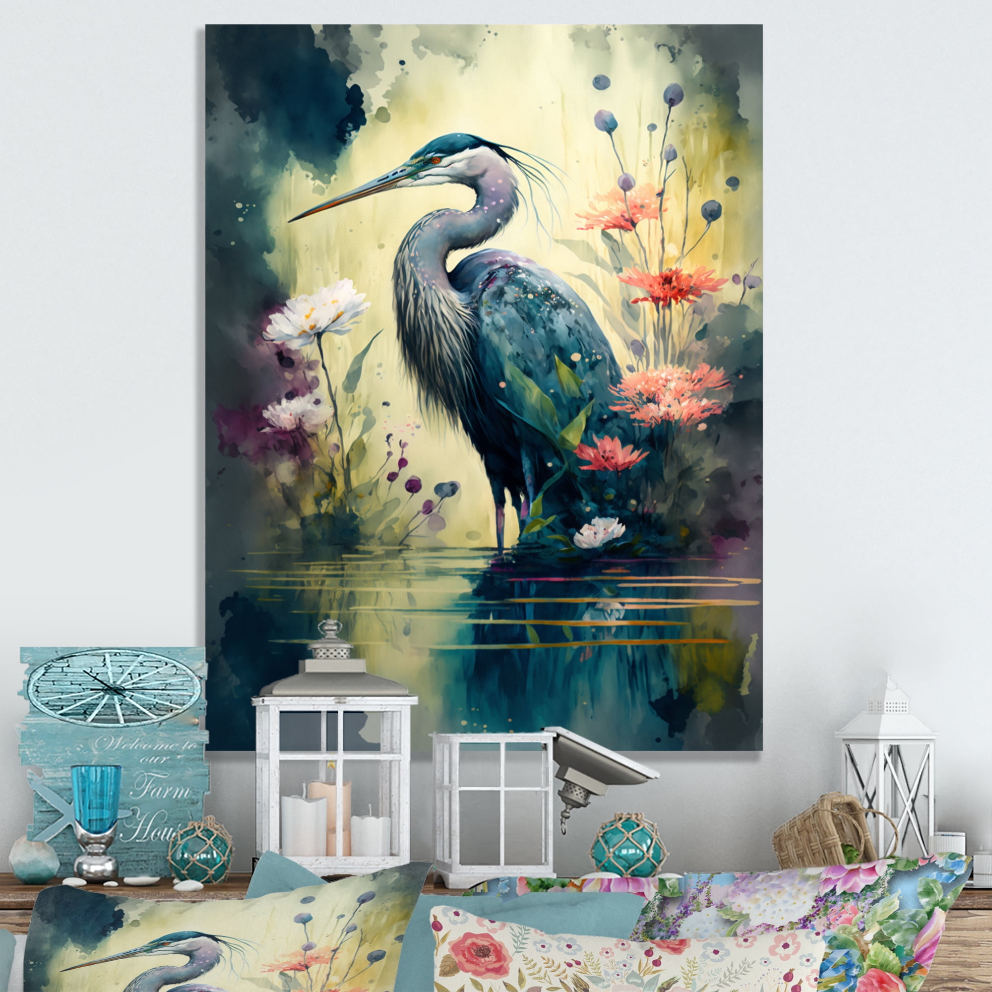 Designart Cute Heron Floral Art I Canvas Wall Art