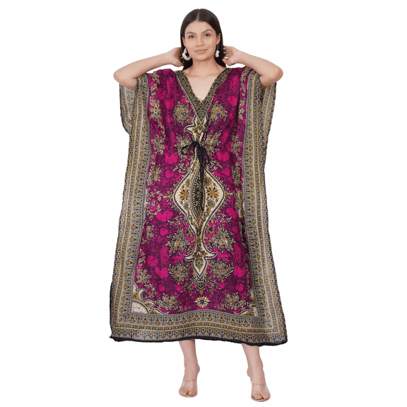 Women’s Long Polyester Kaftan Maxi Dress Kimono Sleeve Tunic Top Cover Up, One Size Pink