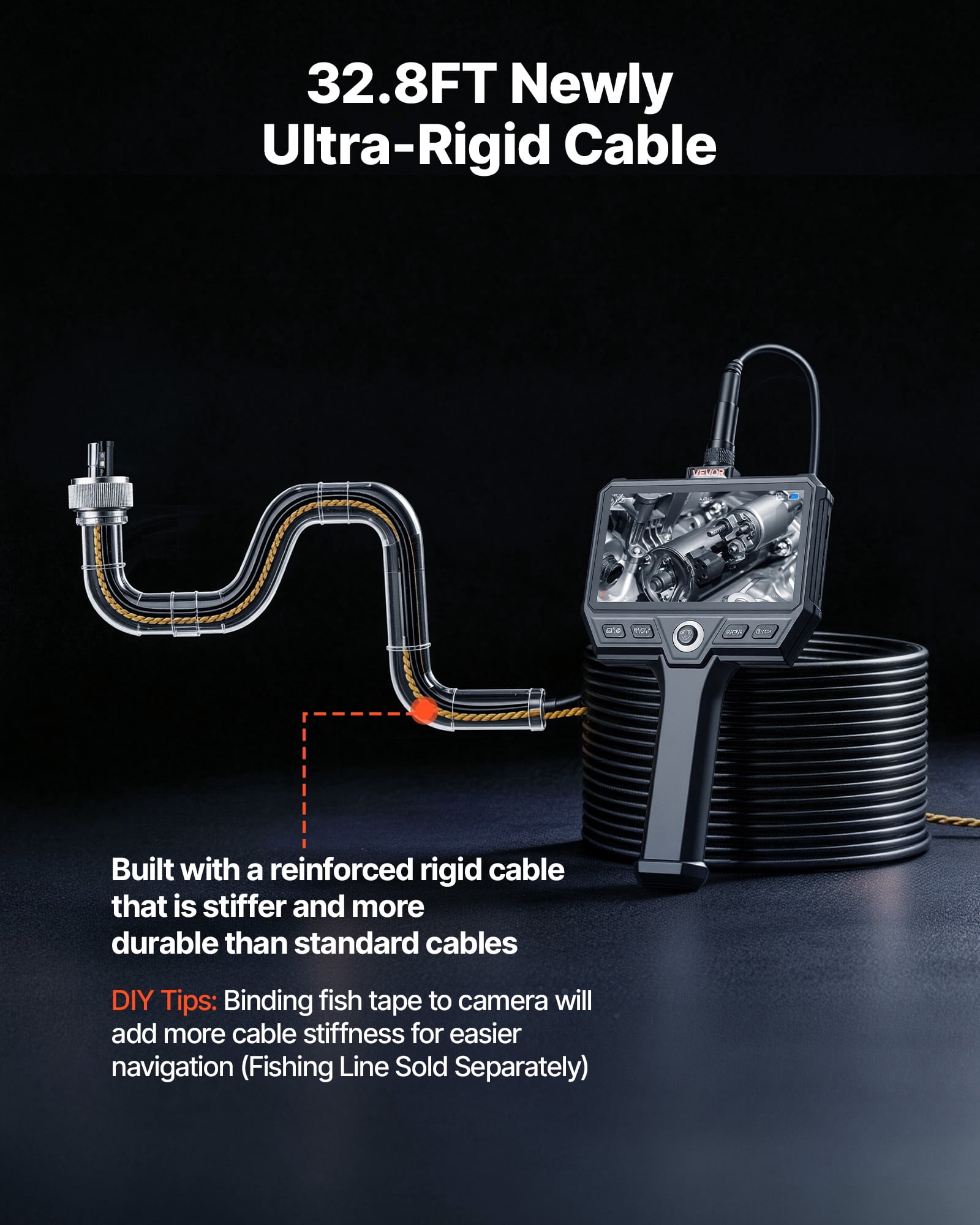 VEVOR Triple Lens Endoscope with 32.8FT Newly Ultra-Rigid Cable, Industrial Borescope with Light, 5" HD IPS Screen, 8 + 2 Lights, 8X Zoom, 5000mAh, IP67 Waterproof Snake Camera for Auto, Plumbing