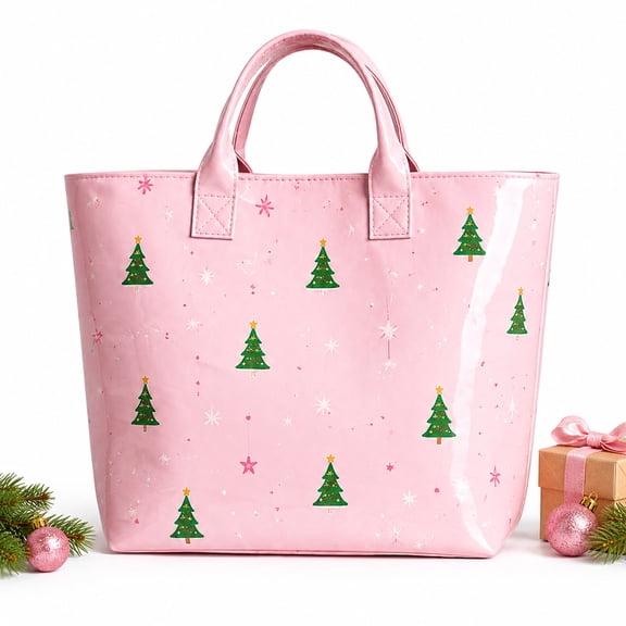 Fmbmuo Christmas Pink Tote Bag for Women, Tree Print Festive Handbags, Large Carry Shoulder bag for Holiday Shopping Work